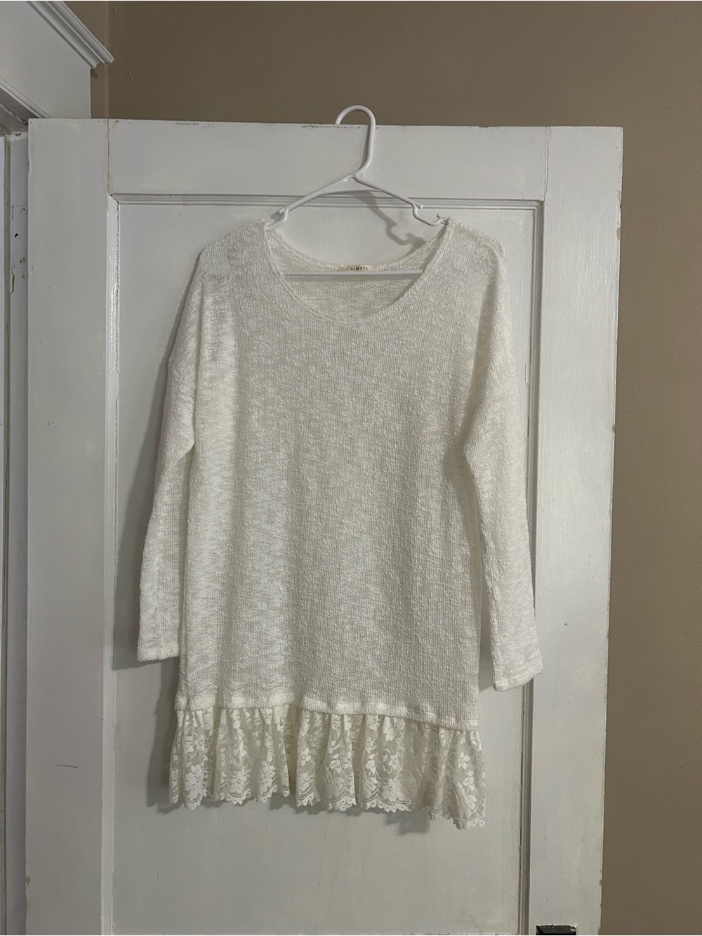 Always Cream Lace-Hem Crewneck Sweater